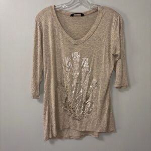 SJS Beige Hamsa Hand Metallic Graphic Elbow Sleeve Tee Boho Hippie L
